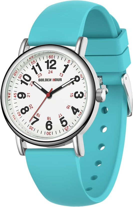 HOTGOLDEN HOUR Waterproof Nurse Watch for Medical Professionals, Students Women Men - Military Time Luminouse Easy Read Dial, 24 Hour with Second Hand, Colorful Silicone Band