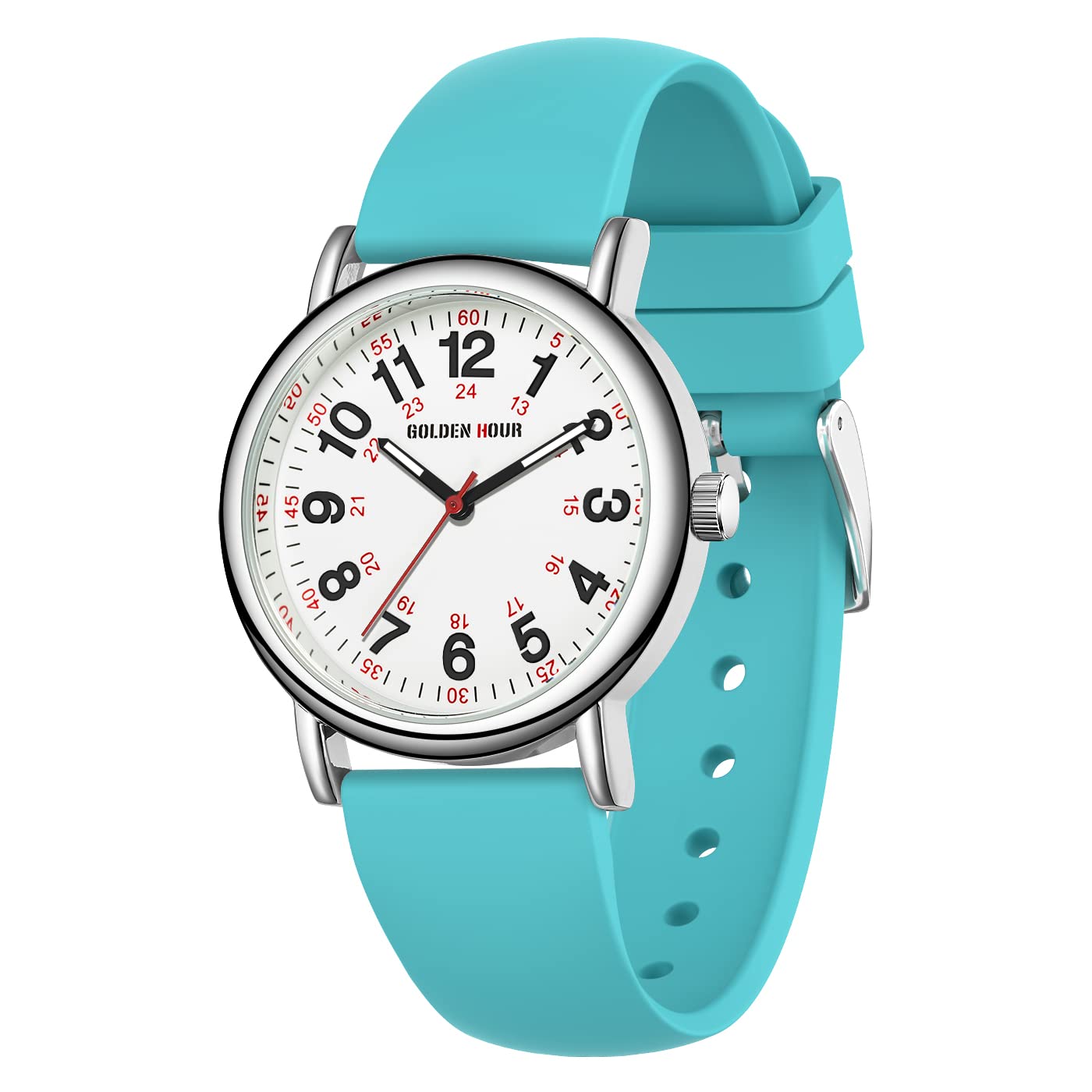 HOTGOLDEN HOUR Waterproof Nurse Watch for Medical Professionals, Students Women Men - Military Time Luminouse Easy Read Dial, 24 Hour with Second Hand, Colorful Silicone Band