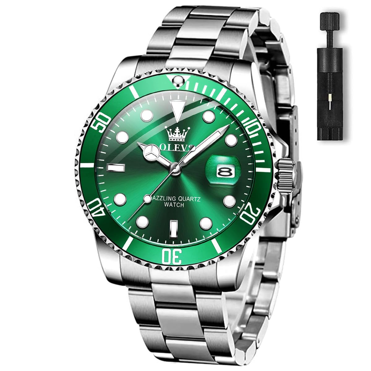HOTOLEVS Men's Watches with Date, Premium Gold and Silver Stainless Steel Analog Watches for Men, Classic Rotatable Bezel Men's Cuff Watches, Blue/Green/Black Dial