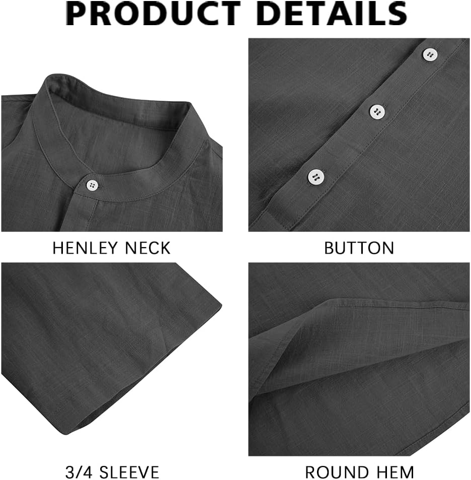 HOTRyannology Mens Linen Shirts Casual Cotton 3/4 Sleeve Regular-Fit Henley T-Shirt Summer Lightweight Beach Yoga Tops