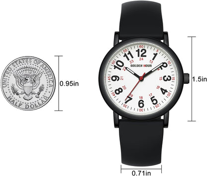 HOTGOLDEN HOUR Waterproof Nurse Watch for Medical Professionals, Students Women Men - Military Time Luminouse Easy Read Dial, 24 Hour with Second Hand, Colorful Silicone Band