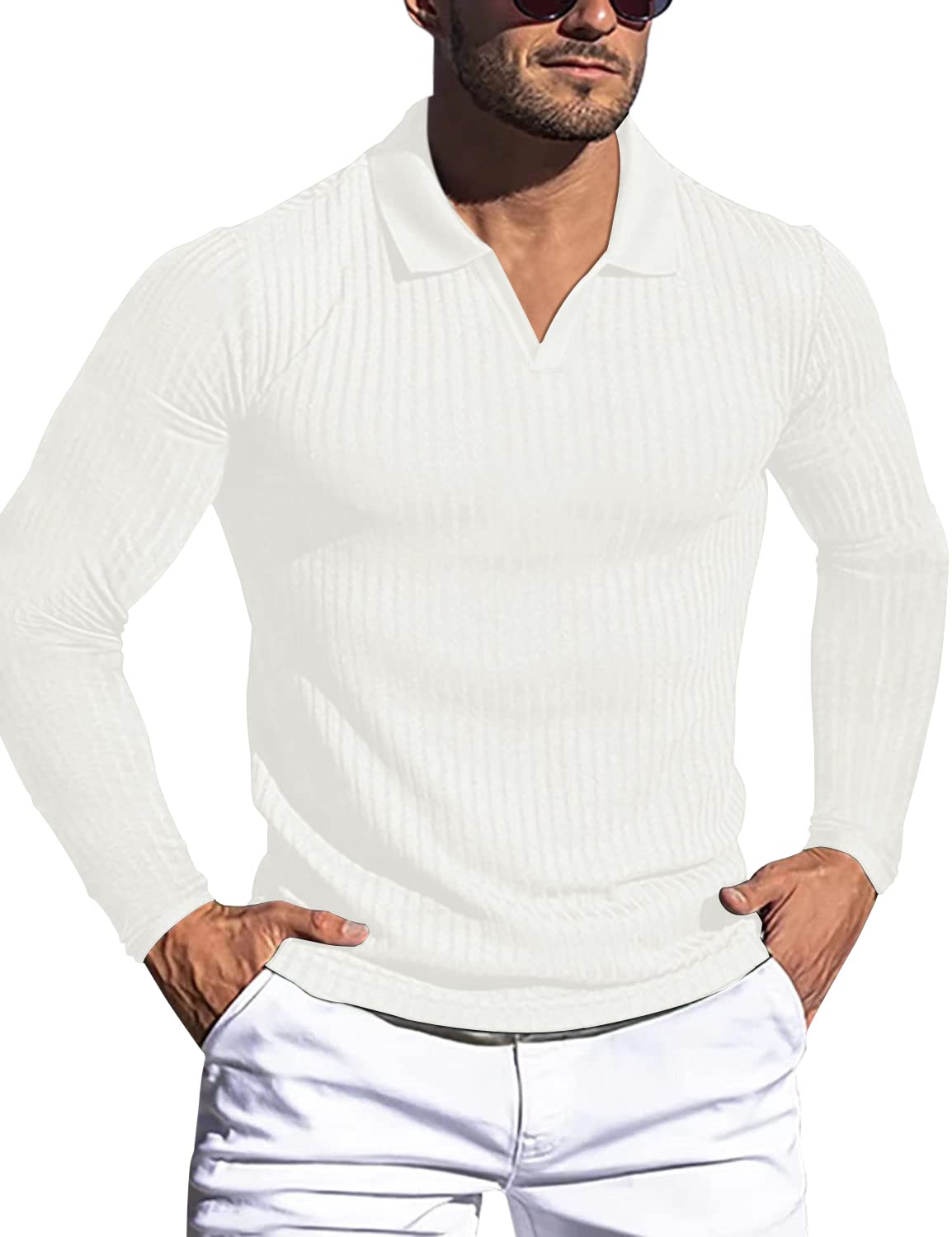 HOTMen's Muscle V Neck Polo Shirts Slim Fit Short Long Sleeve Cotton Golf T-Shirts Ribbed Knit Soft Tees