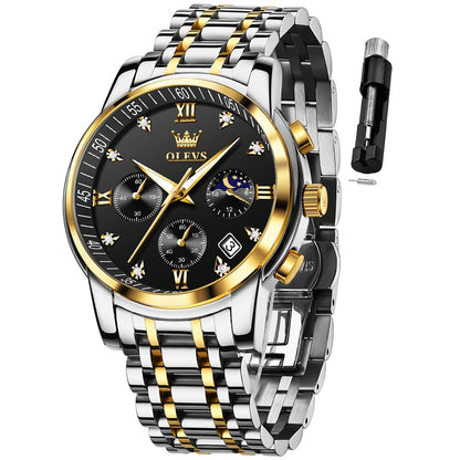 HOTOLEVS Watch for Men Diamond Business Dress Analog Quartz Stainless Steel Waterproof Luminous Date Two Tone Luxury Casual Wrist Watch Blue