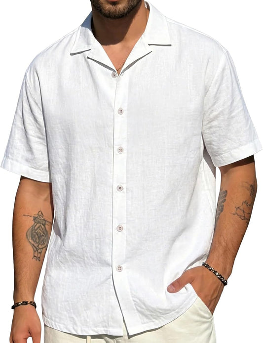 HOTMens Cotton Linen Shirt Casual Lightweight Button Down Shirt Short Sleeve Summer Beach Vacation Tops