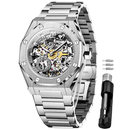 HOTOLEVS Automatic Mens Watch, Self Winding, Stainless Steel, Watch for Men | 50M Waterproof, Tourbillon Mechanical, Luxury Dress, Luminous, Calendar, 41×12mm, No Battery, Automatic Movement