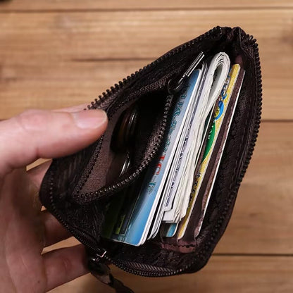 HOTMedieval Pouch, Mini Genuine Leather Coin Pouch Genuine Cowhide Handcrafted Keychain Coin Organizer Zipper Coin Pouch with Card Slot Credit Card Holder Keychain Coin Purse (Black)