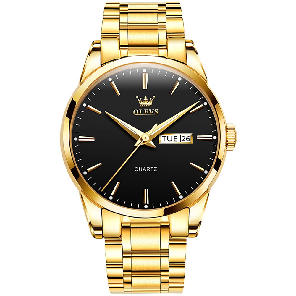 HOTOLEVS Men's Luxury Stainless Steel Watch, Big Face Gold Silver Two Tone Three Hand Analog Quartz Watch, Easy to Read Waterproof Luminous Day Date Wrist Watches for Men