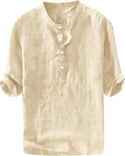 HOTRyannology Mens Linen Shirts Casual Cotton 3/4 Sleeve Regular-Fit Henley T-Shirt Summer Lightweight Beach Yoga Tops