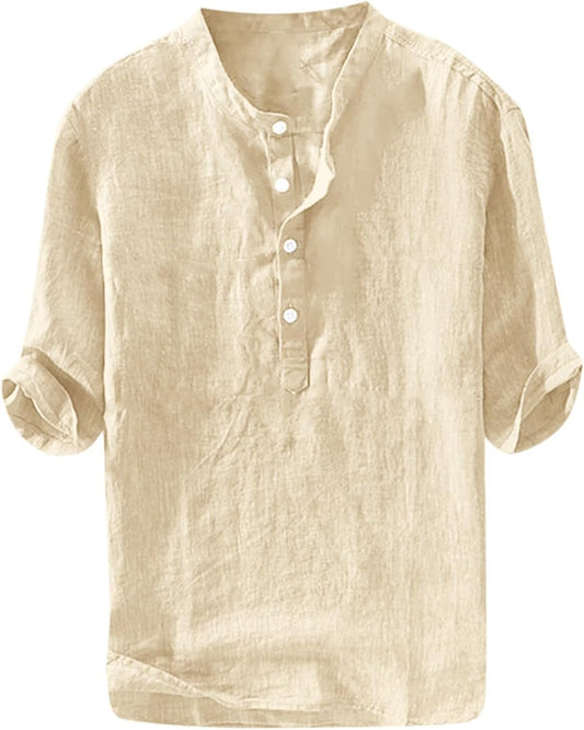 HOTRyannology Mens Linen Shirts Casual Cotton 3/4 Sleeve Regular-Fit Henley T-Shirt Summer Lightweight Beach Yoga Tops