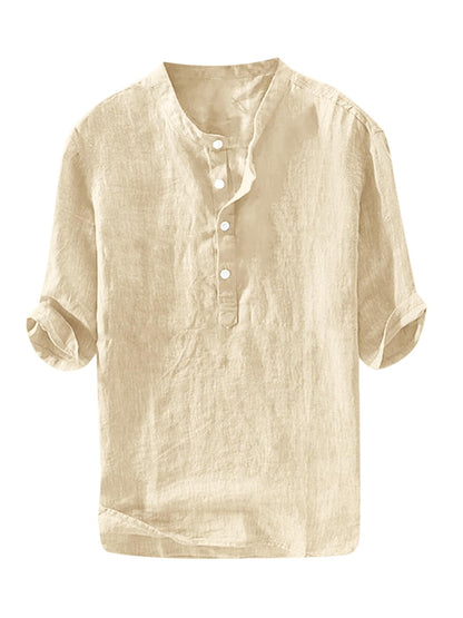 HOTRyannology Mens Linen Shirts Casual Cotton 3/4 Sleeve Regular-Fit Henley T-Shirt Summer Lightweight Beach Yoga Tops