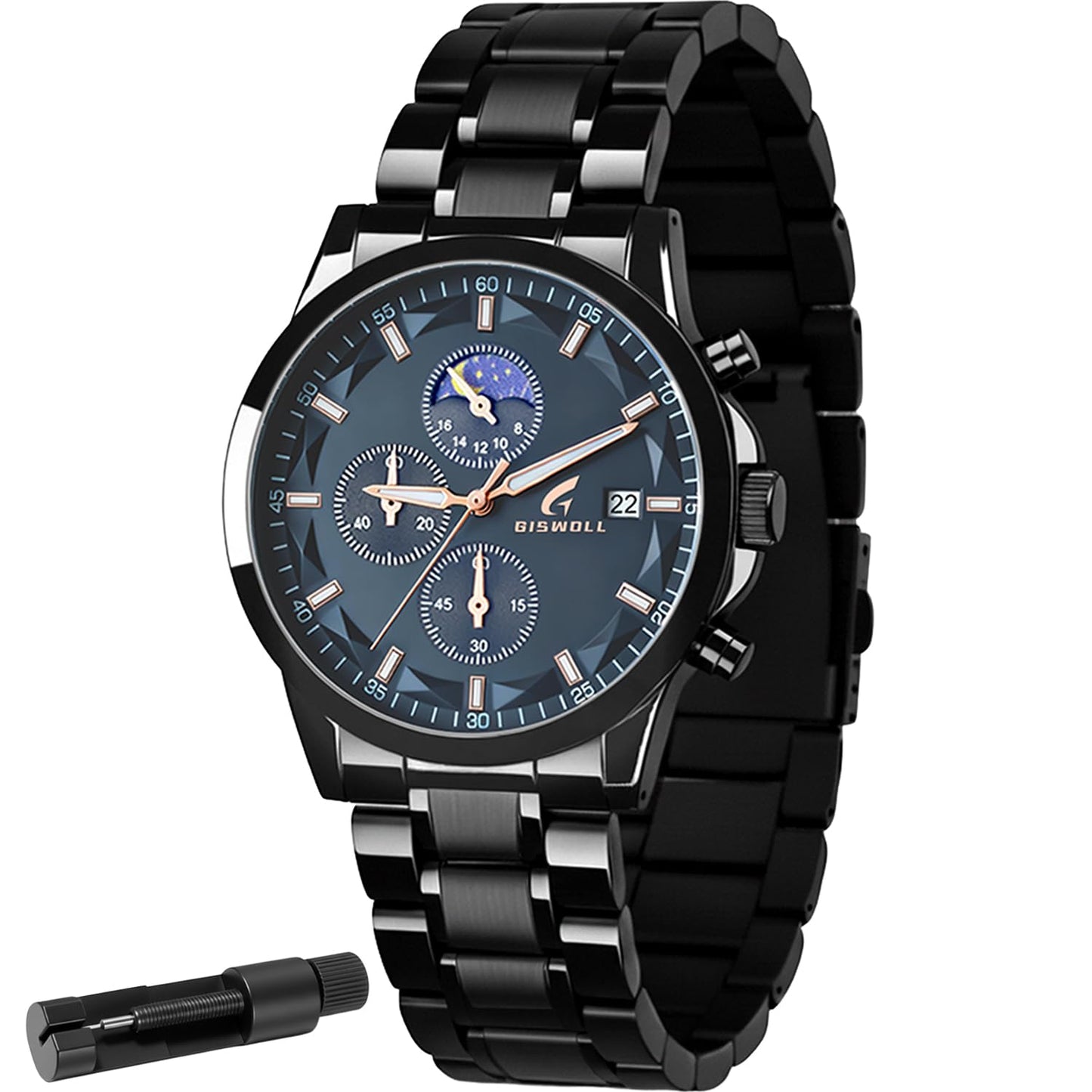 HOTFashion Casual Analog Watches for Men with Functional Chronograph Subdials | Mens Watches with Decorative Sun-Moon Dial, Auto Date, Dual Timers, Luminous, Waterproof, Gifts for Men Dad Husband Boyfriend