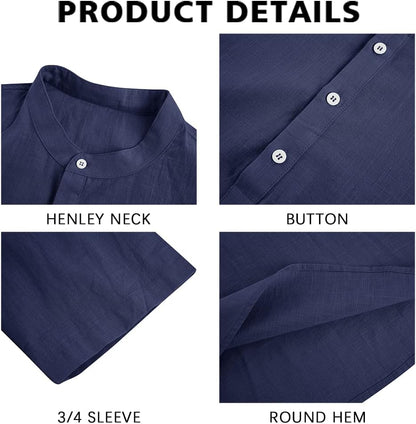 HOTRyannology Mens Linen Shirts Casual Cotton 3/4 Sleeve Regular-Fit Henley T-Shirt Summer Lightweight Beach Yoga Tops