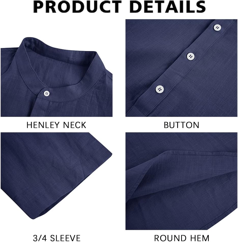 HOTRyannology Mens Linen Shirts Casual Cotton 3/4 Sleeve Regular-Fit Henley T-Shirt Summer Lightweight Beach Yoga Tops