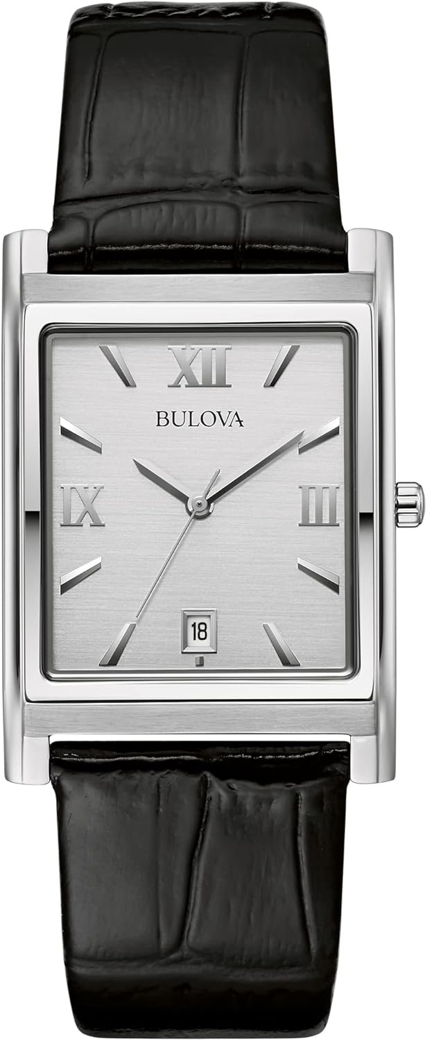 HOTBulova Men's Stainless Steel 3-Hand Calendar Date Quartz Watch with Black Leather Strap, Rectangle Dial Style: 96B107
