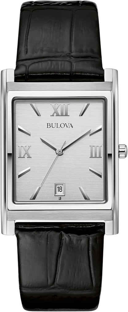 HOTBulova Men's Stainless Steel 3-Hand Calendar Date Quartz Watch with Black Leather Strap, Rectangle Dial Style: 96B107