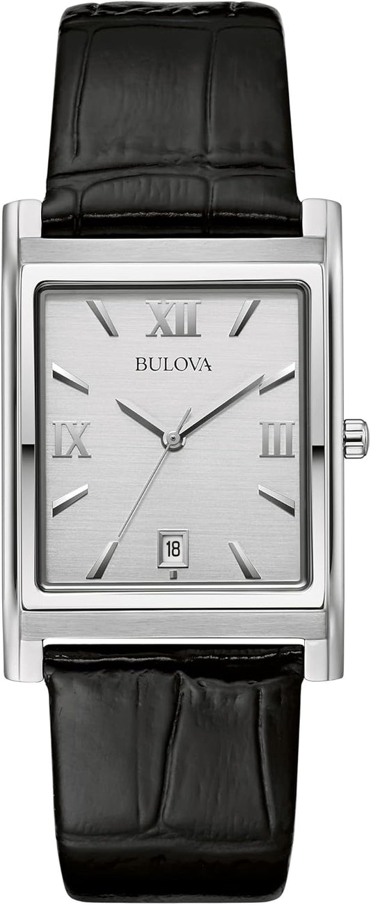 HOTBulova Men's Stainless Steel 3-Hand Calendar Date Quartz Watch with Black Leather Strap, Rectangle Dial Style: 96B107