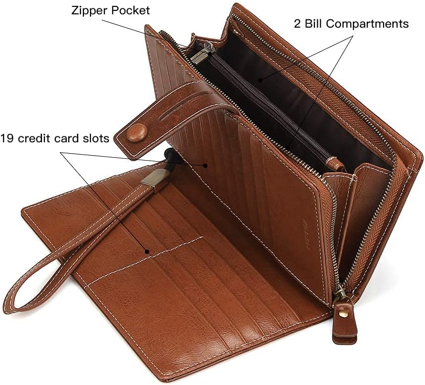 HOTFT FUNTOR Women's Big Fat RFID Blocking Wallet Leather Zip Around Clutch Large Phone Organizer Wristlet