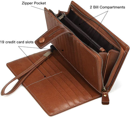 HOTFT FUNTOR Women's Big Fat RFID Blocking Wallet Leather Zip Around Clutch Large Phone Organizer Wristlet