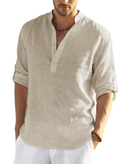 HOTCOOFANDY Men's Cotton Linen Henley T-Shirt Long Sleeve Hippie Casual Beach T-Shirts
