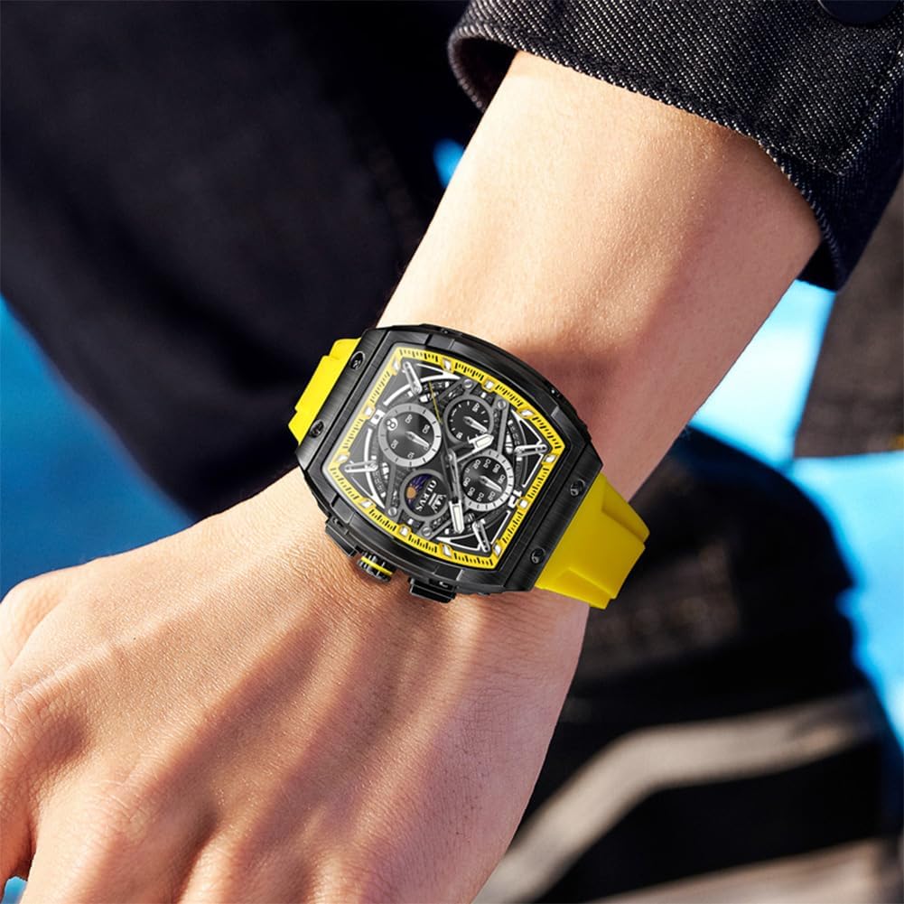 HOTOLEVS Men Watches Business Dress Chronograph Big Square Quartz Analog Male Watch Silicone Strap Waterproof Date Gift Mens Wrsit Watch Silver