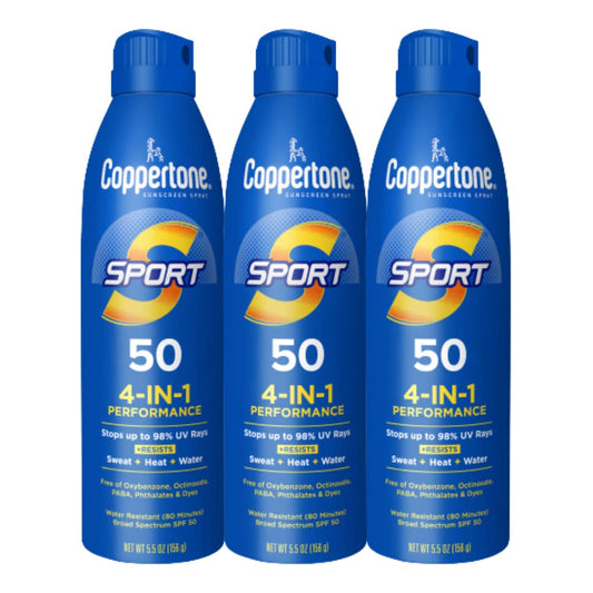 HOTCoppertone Sport Sunscreen Spray SPF 50, Sweat, Heat and Water Resistant Sunblock, Lightweight, Oxybenzone Free, Spray Sunscreen Bulk Pack, 5.5 Oz Bottle, Pack of 3