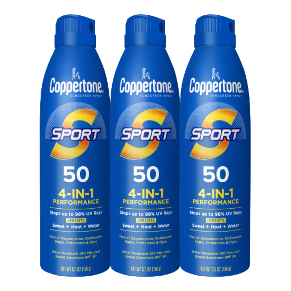 HOTCoppertone Sport Sunscreen Spray SPF 50, Sweat, Heat and Water Resistant Sunblock, Lightweight, Oxybenzone Free, Spray Sunscreen Bulk Pack, 5.5 Oz Bottle, Pack of 3