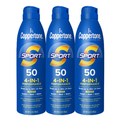 HOTCoppertone Sport Sunscreen Spray SPF 50, Sweat, Heat and Water Resistant Sunblock, Lightweight, Oxybenzone Free, Spray Sunscreen Bulk Pack, 5.5 Oz Bottle, Pack of 3