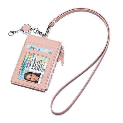 HOTKarmiir Leather ID Case with Lanyard, Minimalist Slim Badge Holder Card Wallet for Women & Men, Fashion ID Case with Clear Window, Zipper Pocket & Retractable Badge Reel (Burgundy)