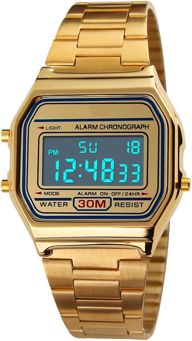 HOTPASOY Men's Digital Gold Stainless Steel Watch Backlit Multifunction Stopwatch Waterproof Sport Watches
