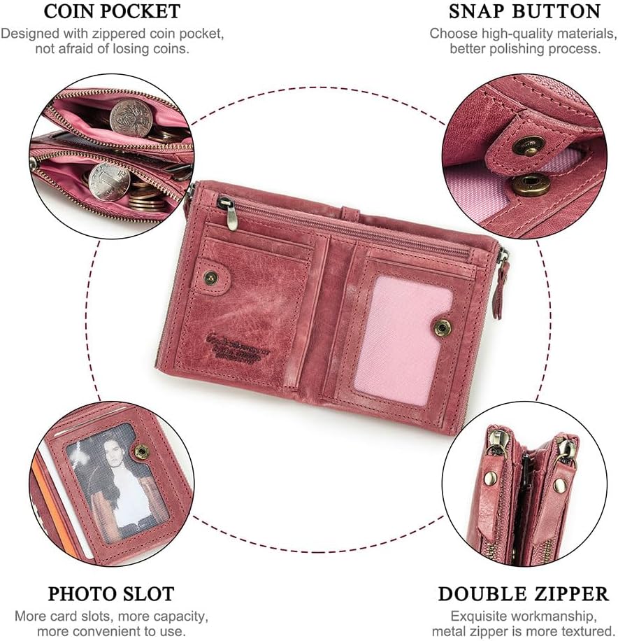 HOTCONTACTS Soft Leather Wallet for Women Small Bifold Coin Purse Double Zipper Card Holder with RFID Blocking (Rose Tan)