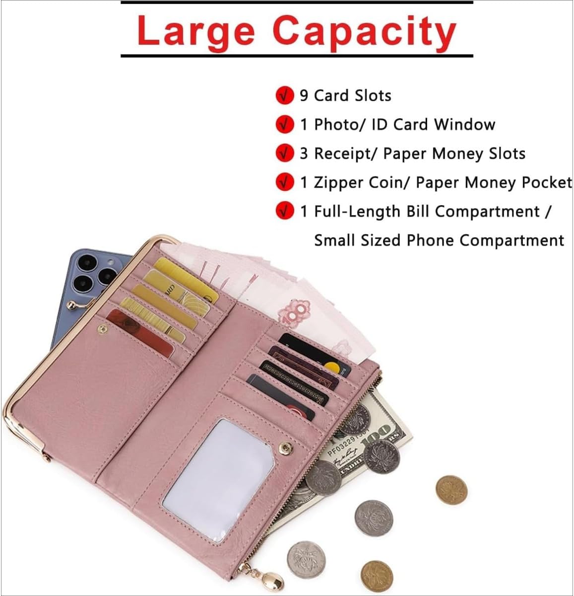 HOTCharming Vintage Inspired Genuine Leather Kiss Lock Clutch Purse for Women with Spacious Bifold Card Organization (Pink)