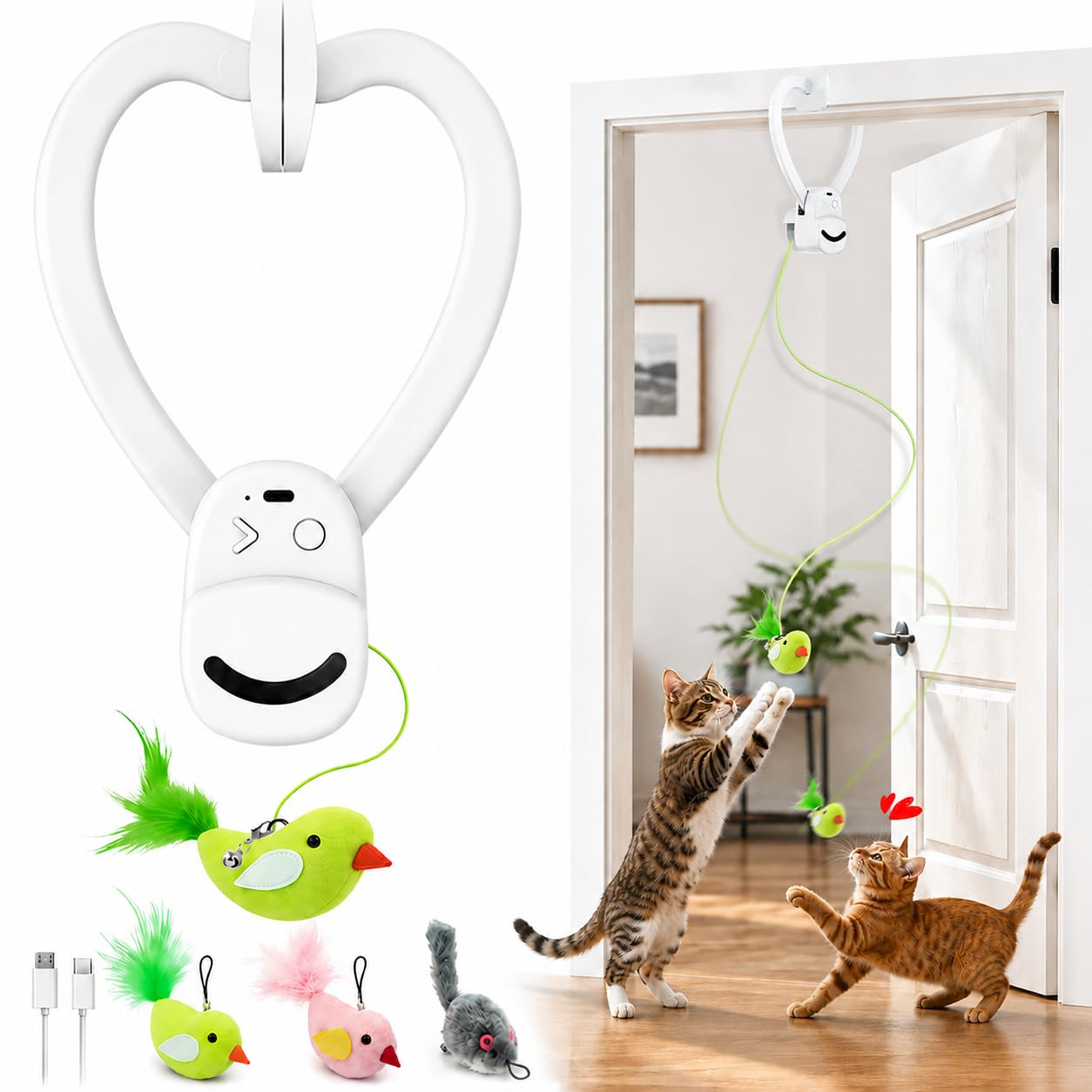 HOTInteractive Cat Toys for Indoor Cats: Automatic Flying Bird Feather Wand Chase Exercise Enrichment Stimulation, USB Rechargeable Durable Safe Hanging Toy for Bored Kittens Adult Multi Cat Households