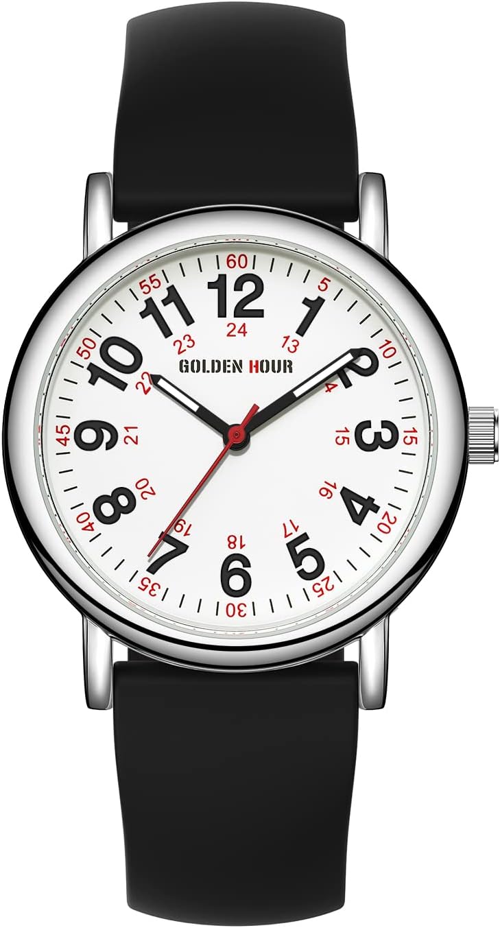 HOTGOLDEN HOUR Waterproof Nurse Watch for Medical Professionals, Students Women Men - Military Time Luminouse Easy Read Dial, 24 Hour with Second Hand, Colorful Silicone Band