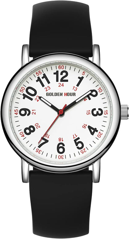 HOTGOLDEN HOUR Waterproof Nurse Watch for Medical Professionals, Students Women Men - Military Time Luminouse Easy Read Dial, 24 Hour with Second Hand, Colorful Silicone Band