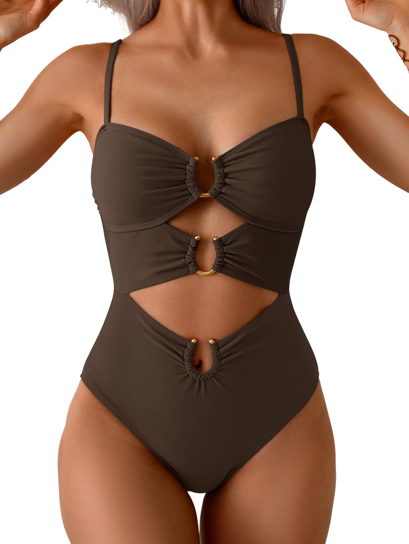 HOTEomenie Womens Cutout One Piece Swimsuit Sexy Bathing Suit | Ring Linked, Adjustable Spaghetti Straps, Bra Support, Soft Removable Cups, Monokini for Beach Vacation, Pool Side