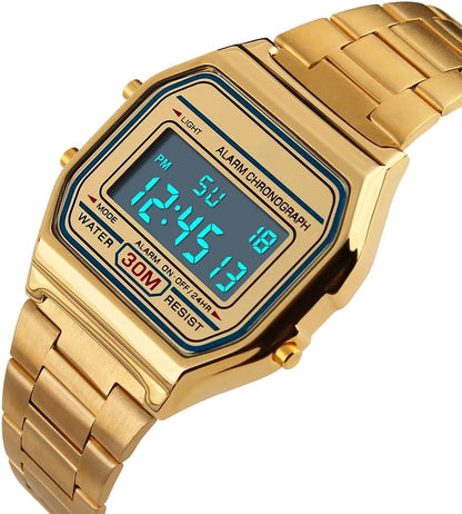 HOTPASOY Men's Digital Gold Stainless Steel Watch Backlit Multifunction Stopwatch Waterproof Sport Watches