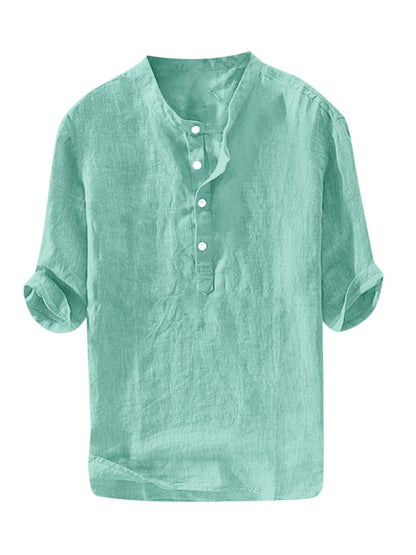 HOTRyannology Mens Linen Shirts Casual Cotton 3/4 Sleeve Regular-Fit Henley T-Shirt Summer Lightweight Beach Yoga Tops