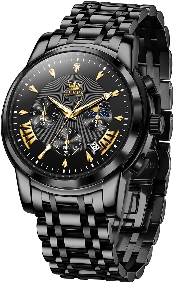 HOTOLEVS Mens Watches Luxury Waterproof Luminous Easy Read Chronograph Watches Full Gold/White Dail/Black Face with Calendar Wrist Watches