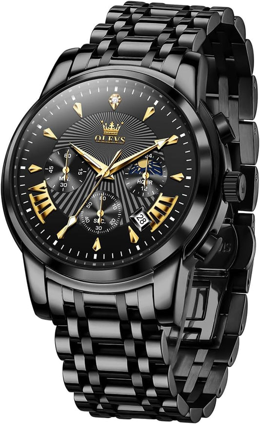 HOTOLEVS Mens Watches Luxury Waterproof Luminous Easy Read Chronograph Watches Full Gold/White Dail/Black Face with Calendar Wrist Watches