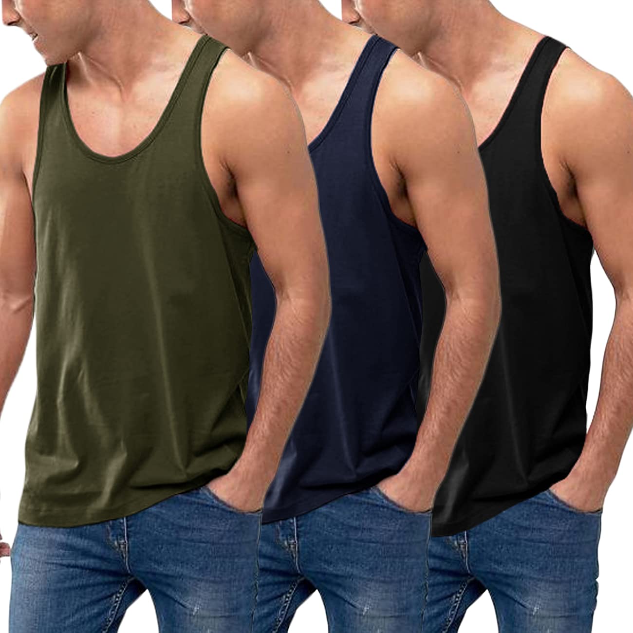 HOTCOOFANDY Men's 3 Pack Tank Tops Cotton Performance Sleeveless Casual Classic T Shirts