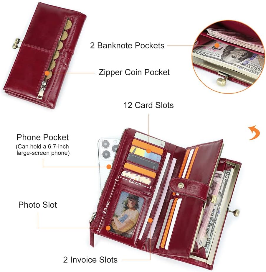 HOTCONTACTS Kiss Lock Wallet for Women Leather, Kiss Clasp Wallet Coin Card Purse RFID Clutch Wallet Zipper Red Vintage Phone Holder
