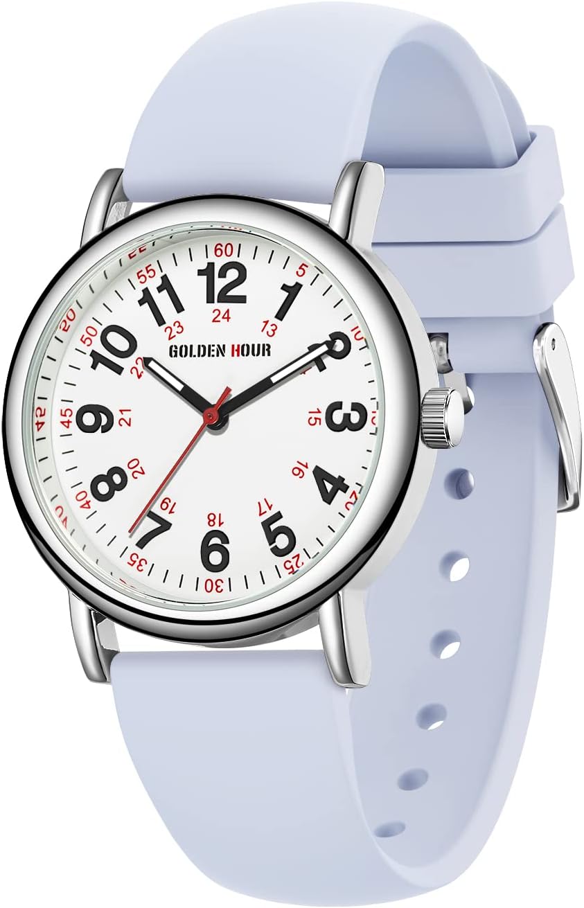 HOTGOLDEN HOUR Waterproof Nurse Watch for Medical Professionals, Students Women Men - Military Time Luminouse Easy Read Dial, 24 Hour with Second Hand, Colorful Silicone Band