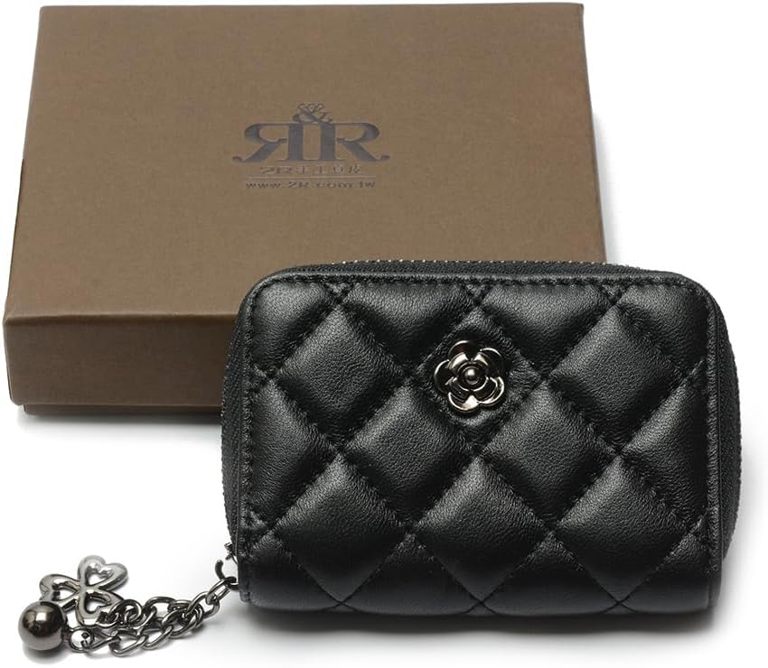 HOT2R Quilted Leather Zipper Wallet with Chain, Black