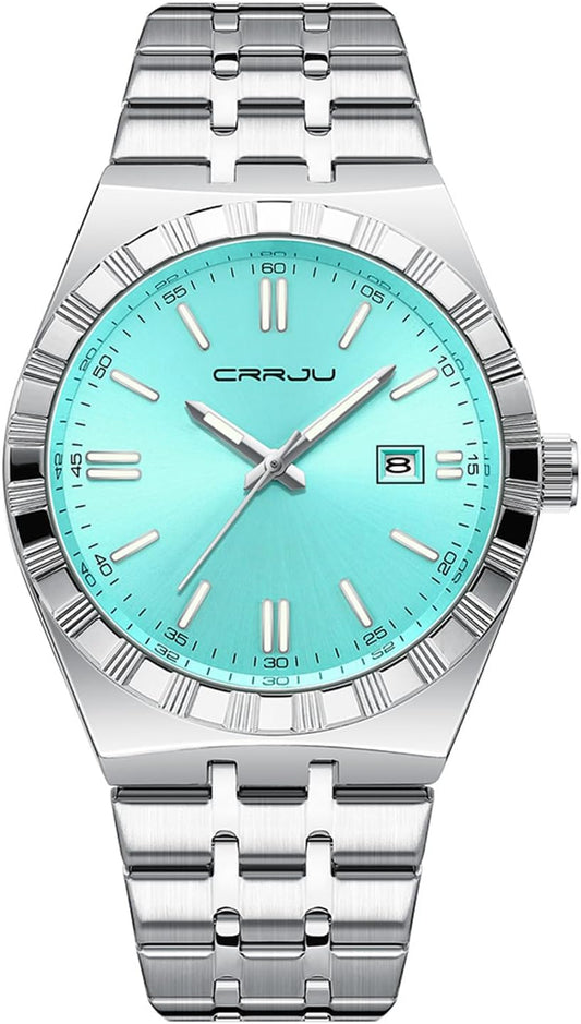HOTCRRJU Watches for Men,Fashion Luxury Luminous Analog Quartz Wristwatches,Business Man Calendar Watches Silver