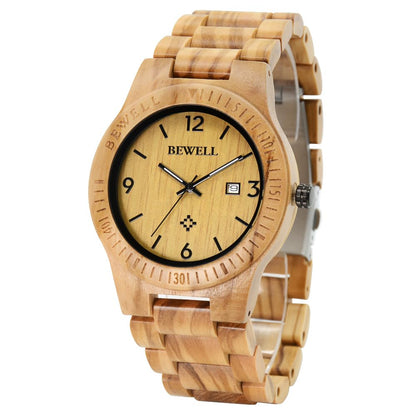 HOTBEWELL ZS-W086B Wooden Watch Men Gifts Handmade Date Display Quartz Movement Analog Lightweight Wood Wrist Watches