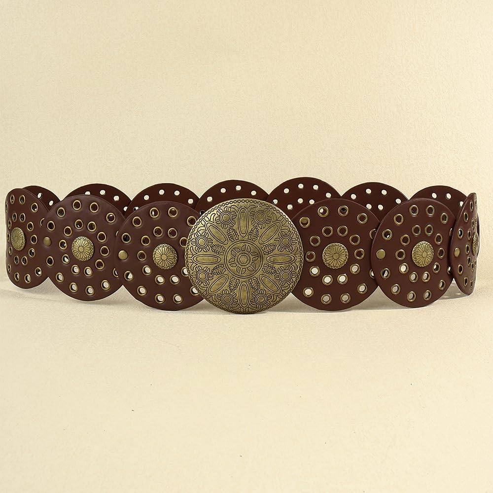 HOTWide Vintage PU-Leather Western-Disc-Concho-Belt Women Boho Cowgirl-Belt