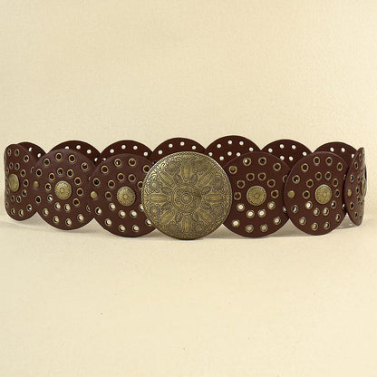 HOTWide Vintage PU-Leather Western-Disc-Concho-Belt Women Boho Cowgirl-Belt