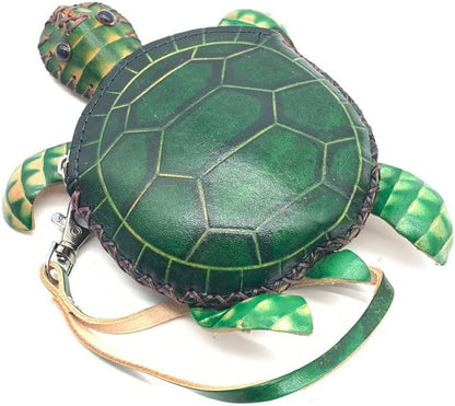 HOTHandmade Vintage Genuine Green Leather 3D Turtle Money Coin Purse With Removable Wrist Strap