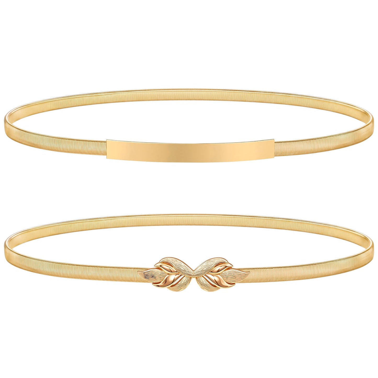 HOTXZQTIVE 2 Pieces Women Skinny Metal Chain Waist Belt Stretchy Saree Cinch Belt for Dress Gold Sliver