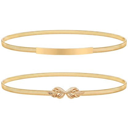 HOTXZQTIVE 2 Pieces Women Skinny Metal Chain Waist Belt Stretchy Saree Cinch Belt for Dress Gold Sliver